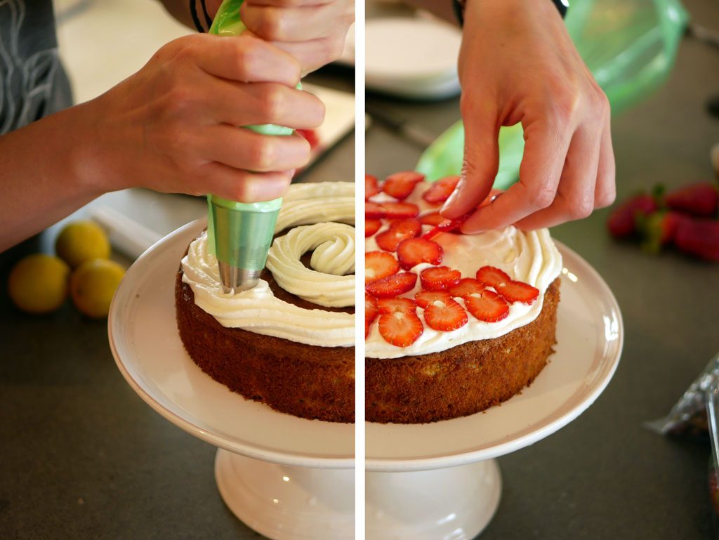 Assembling the pistachio cake with mascarpone and strawberries